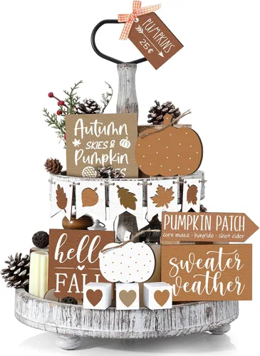 Miniatura 14 de Sumind Juego de 15 piezas de decoración de bandejas escalonadas de Acción de Gracias, decoraciones de otoño para el hogar, letreros de madera