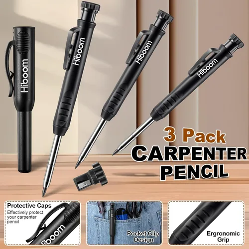 Miniatura 3 de Hiboom Juego de 3 lápices de carpintero con 24 recambios (Rojo, Negro, Amarillo), lápiz de construcción de 2,8 mm de alta resistencia con sacapuntas