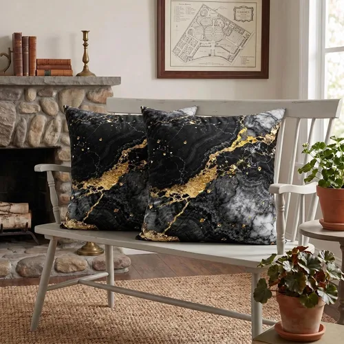 Miniatura 8 de Yobvec Juego de 2 fundas de almohada de 18 x 18 pulgadas, color negro dorado y gris, fundas de cojín decorativas de mármol abstracto, decoración