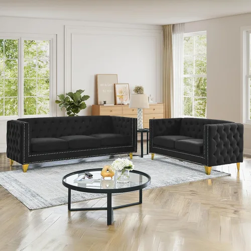 Miniatura 15 de JEEOHEY Juego de Sofás Chesterfield de 2, Sofá Moderno de Terciopelo con Capitoné y Ribete de Tachuelas, Sofá Tapizado de Asiento Profundo, Sofá