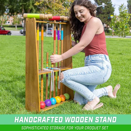 Miniatura 3 de GoSports Juego de cróquet premium de madera teñida para seis jugadores con soporte de madera artesanal