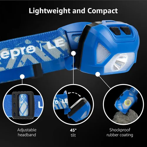 Miniatura 5 de Lepro 320015 - Linterna frontal con batería – 1300Lux lámpara LED súper brillante con luz roja, linternas frontales impermeables IPX4 para acampar