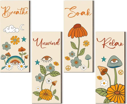 Yulejo 4 piezas de decoración de pared de baño retro boho floral de los años 60 y 70 color naranja Relax Soak Unwind Breathe Art Funky Flower Eyes
