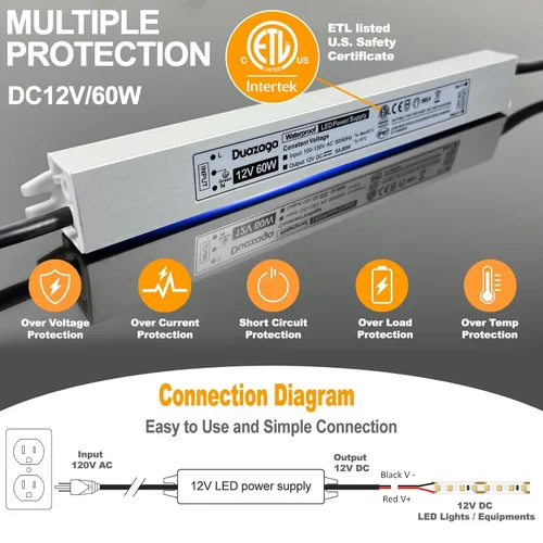 Miniatura 2 de Controlador LED Fuente de alimentación de 12 voltios 120 V AC a 12 V CC Convertidor 60W 5A Transformador de bajo voltaje IP67 Adaptador