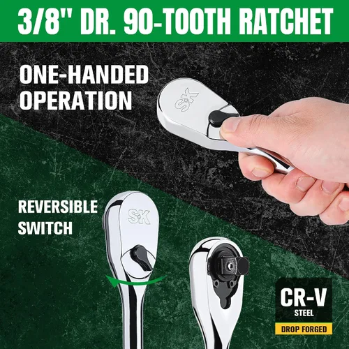 Miniatura 6 de SK Juego de llaves de 3/8" de transmisión con carraca de 160 dientes, 56 piezas, SAE y métricas, acabado SuperKrome, construcción premium CR-V