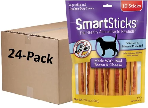 SmartBones SmartSticks, dale a tu perro un masticable sin cuero crudo hecho con tocino y queso real, 10 unidades (paquete de 24)