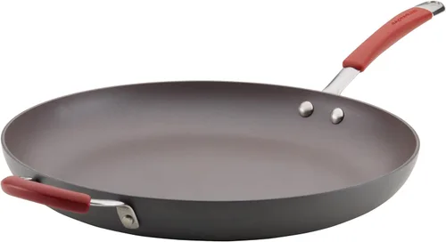 Rachael Ray Cucina - Sartén antiadherente con mango auxiliar y proceso de anodizado duro., rojo, gris (Gray with Red Handles)