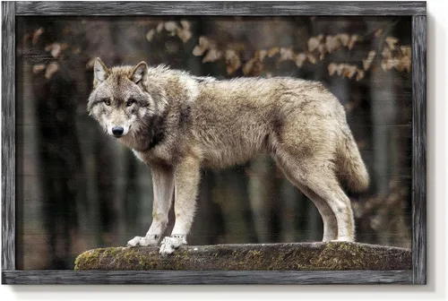 Miniatura 14 de Arte de Pared Enmarcado de Lobo: Pintura Moderna de Animales Salvajes de Madera Rústica Natural Imagen de Vida Silvestre Obra de Arte de Lobo Gris