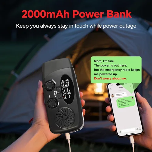 Miniatura 2 de Radio meteorológica NOAA con manivela solar de emergencia con AM/FM, cargador de teléfono USB de 2000 mAh y 3 linterna LED, alarma SOS para Negro