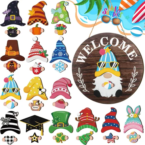 Miniatura 27 de Qunclay 31 piezas 3D de grano natural intercambiable de madera gnomo para puerta, decoraciones navideñas de gnomo con piezas magnéticas y sombreros