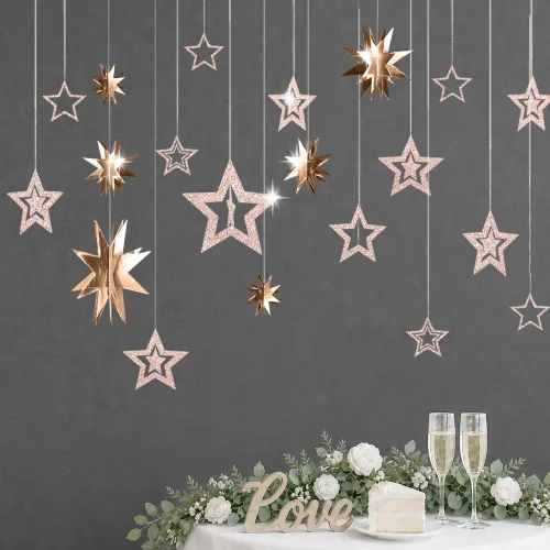 Miniatura 5 de Decor365 Guirnaldas de Estrellas Centelleantes Dorado Champán Decoraciones de Fiesta Pancarta de Estrellas Decoración Colgante de Techo Serpentina