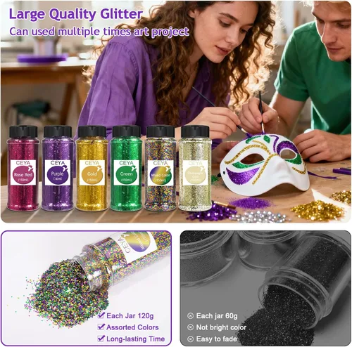 Miniatura 6 de Ceya Brillantina Mardi Gras, 6 colores, 4.23 onzas cada frasco de 1/24 pulgadas, para manualidades, para máscaras, sombreros, vasos de globo
