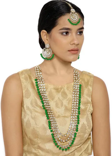 Miniatura 6 de Aheli Indian Ethnic Wedding Faux Kundan Beaded Bridal Long Necklace Earrings with Maang Tikka Traditional Jewellery Set for Women