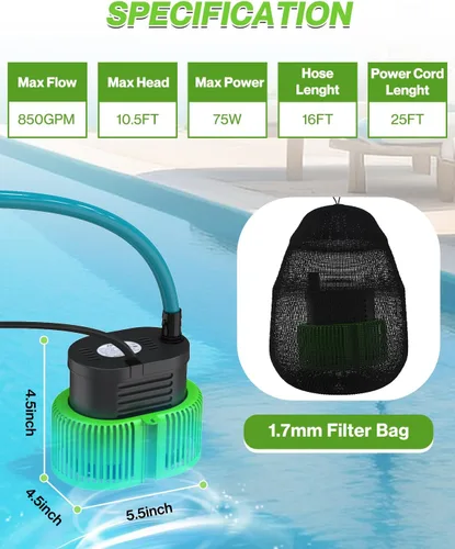 Miniatura 4 de Bomba para cubierta de piscina sobre el suelo - Bomba sumergible de sumidero de agua para piscina, bombas de extracción de agua, con manguera