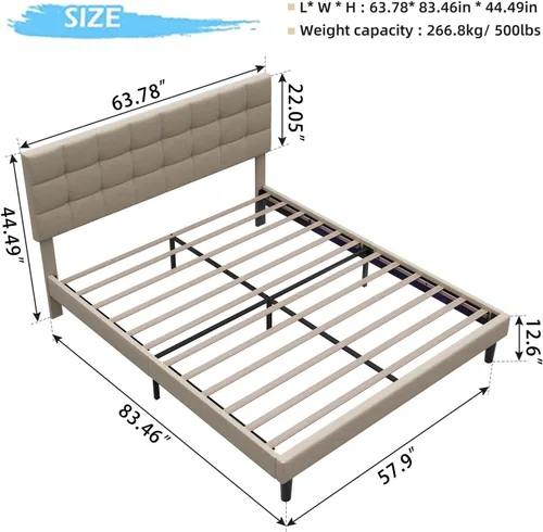 Miniatura 2 de Base de cama moderna de plataforma tapizada de tamaño Queen, marco de cama de lino con luces, cabecera ajustable con costuras cuadradas, sistema