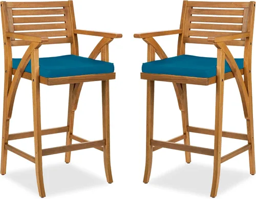 Miniatura 12 de Best Choice Products Juego de 2 taburetes de bar de madera de acacia para exteriores, sillas de bar para patio, piscina, jardín con cojines Crema