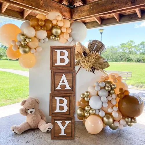 Miniatura 7 de Cajas de baby shower para decoraciones de cumpleaños – 4 cajas de globos de bebé de grano de madera marrón, cajas de bebé para decoración de centro