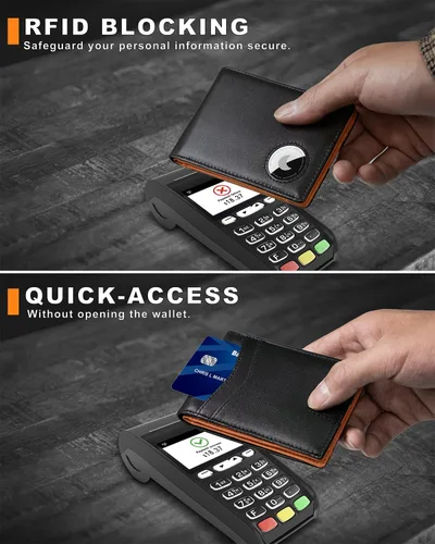 Miniatura 20 de Billetera AirTag para hombre, de piel auténtica plegable con bloqueo Rfid AirTag con ranuras para efectivo y ventana de identificación, compatible