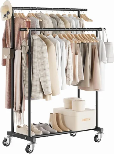 Miniatura 2 de Calmootey Perchero de ropa de doble varilla, organizador portátil para colgar ropa, organizador de ropa rodante para dormitorio, sala de estar, Negro