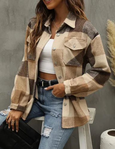Miniatura 24 de Tanming - Chaquetas de franela cepillada para mujer, a cuadros, con botones, solapas y bolsillos, camisa tipo chaqueta