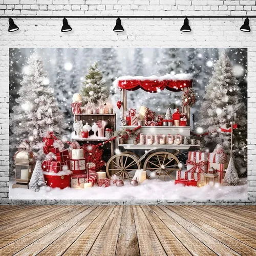 Miniatura 3 de Telón de fondo de fotos para tienda de cacao caliente de invierno, carrito de madera, decoración del hogar familiar, fondos de fiesta de vacaciones