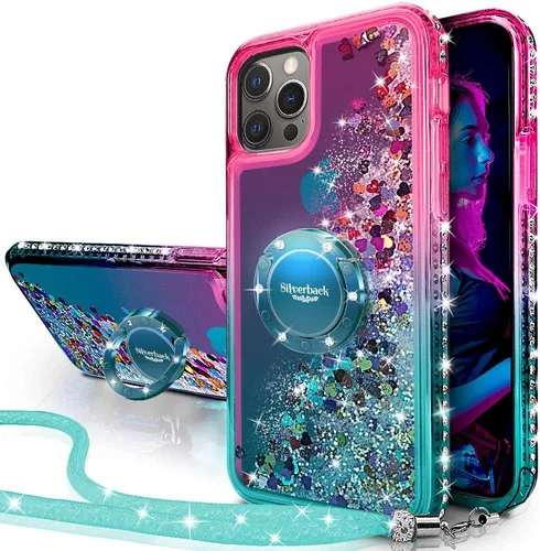 Miniatura 11 de Silverback Funda para iPhone 12, iPhone 12 Pro, funda con purpurina holográfica líquida móvil con soporte, funda protectora con soporte de anillo
