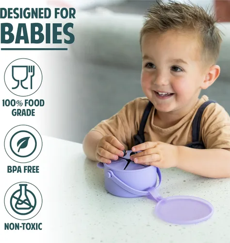 Miniatura 3 de Vasos de silicona antiderrames para niños pequeños – Recipientes portátiles para aperitivos para bebés con tapa a prueba de polvo – Vasos a prueba