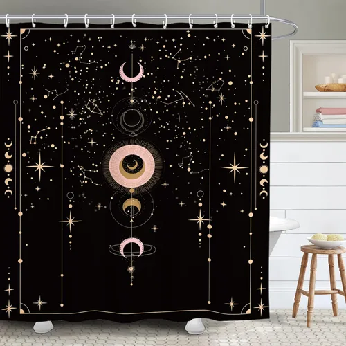 Cortina de ducha gótica del zodiaco con fases lunares, constelación, astrología, galaxia, misteriosa, tarot, bruja, estética, 60 pulgadas de ancho