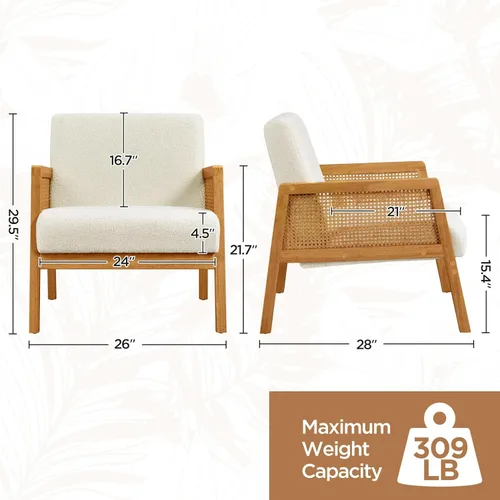Miniatura 3 de Yaheetech Silla decorativa, sillón moderno de ratán, cómoda silla de lino con patas de madera para sala de estar, dormitorio, sala de lectura, Beige