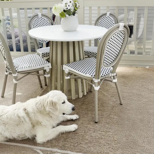 Miniatura 41 de PURPLE LEAF Juego de 1 silla de comedor al aire libre, marco de aluminio francés en acabado de bambú con ratán tejido ámbar y blanco para cocina