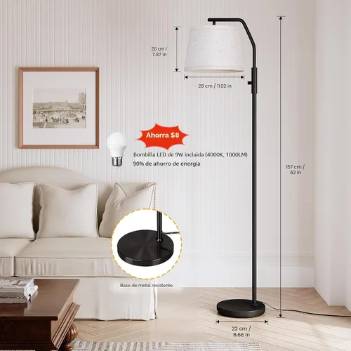 Miniatura 4 de SUNMORY Lámparas de pie para sala de estar, bombilla de 9 W incluida, lámpara alta para dormitorio con cabezal ajustable, lámpara de pie moderna