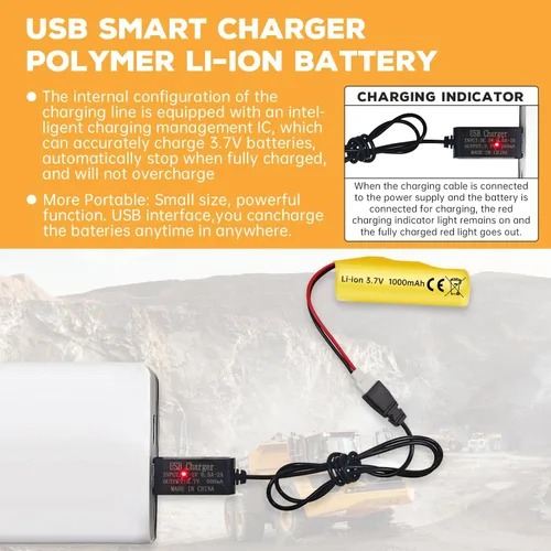 Miniatura 4 de sea jump 2 baterías de iones de litio de 3.7 V 1000 mAh con enchufe Molex y cable de carga USB, adecuado para vehículos de ingeniería a control