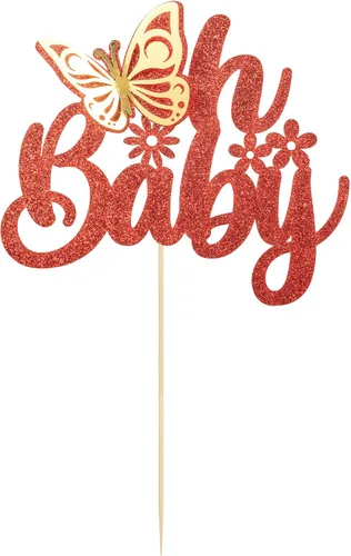 Miniatura 3 de Gyufise 1 pieza de mariposa Oh Baby Cake Topper Glitter Baby Shower Butterfly Cake Pick para revelación de género Baby Shower Niños fiesta de Rojo