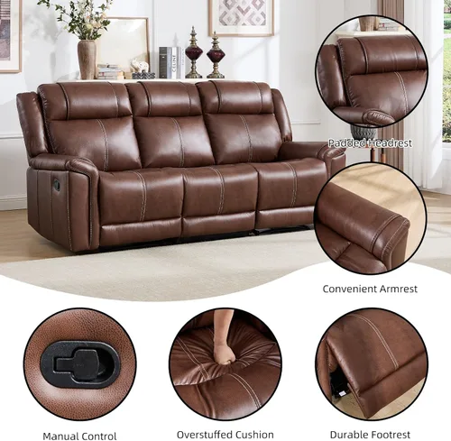 Miniatura 3 de EBELLO Sofá reclinable de cuero sintético de 3 plazas, sofá reclinable manual, silla de 3 asientos de estilo moderno de mediados de siglo con Marrón