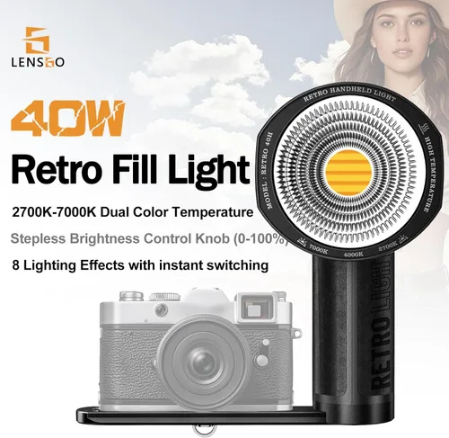 Miniatura 5 de LENSGO Luz de cámara retro 40H, 40 W bicolor 2700K-7000K CRI 96+ luz de video, 2600 mAh, 8 modos de luz, brillo ajustable y temperatura