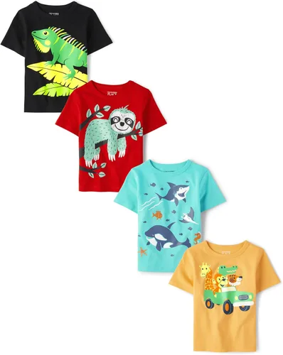 The Children's Place Baby Boys and Toddler Dinos,Animals,Cars Short Sleeve Graphic T-Shirts,4 Pack Iguana/Perezoso/Tiburón/Animales