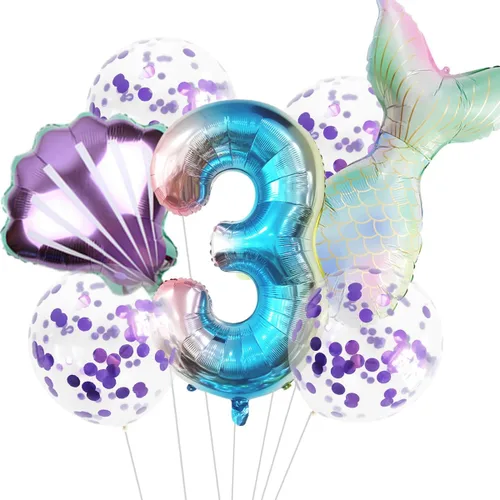 Miniatura 23 de 7 globos de sirena con números para fiesta de cumpleaños de 1, 2, 3, suministros de decoración de cola de sirena para niñas (número 0)
