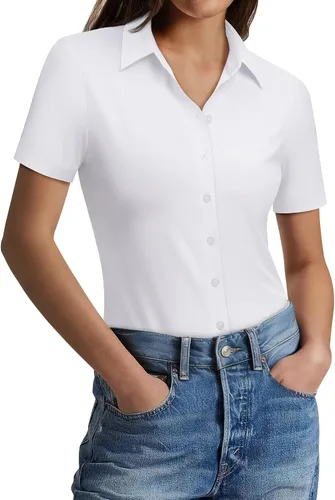 Miniatura 17 de Gleeivy Camisas con botones para mujer, ajustadas, de manga corta, elásticas, para el trabajo, sin arrugas, blusas de oficina