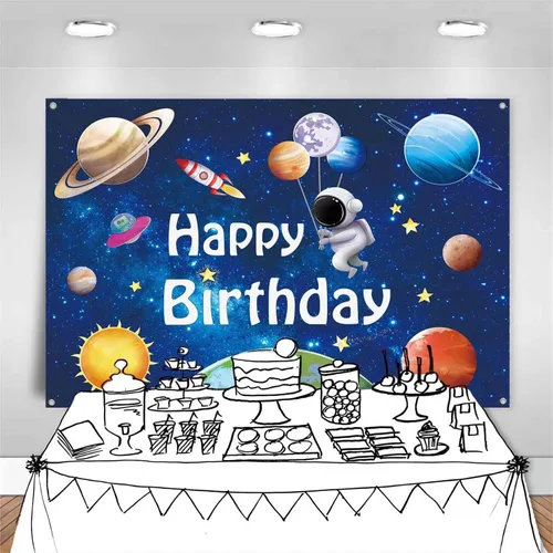 Miniatura 6 de Pancarta de fondo de feliz cumpleaños de planetas astronautas espaciales, suministros de decoración de fiesta de cumpleaños para niños, sistema