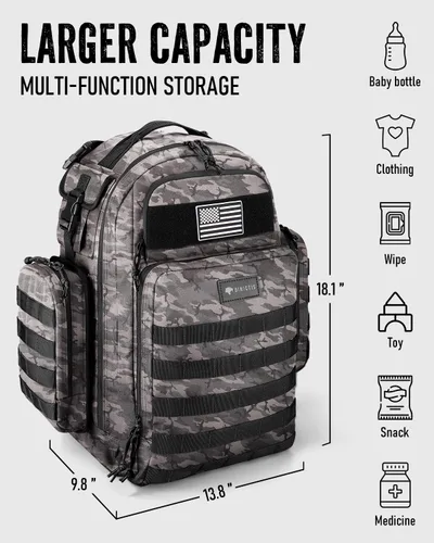 Miniatura 7 de Bolsa de pañales para papá, mochila para pañales para hombres con cambiador de pañales, mochila para pañales militar con cinta Molle, bolsa