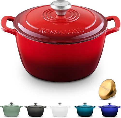 ROSSALLINI Horno holandés de hierro fundido esmaltado Signature, olla de servir antiadherente con tapa hermética para asado perfecto, horneado, Rojo