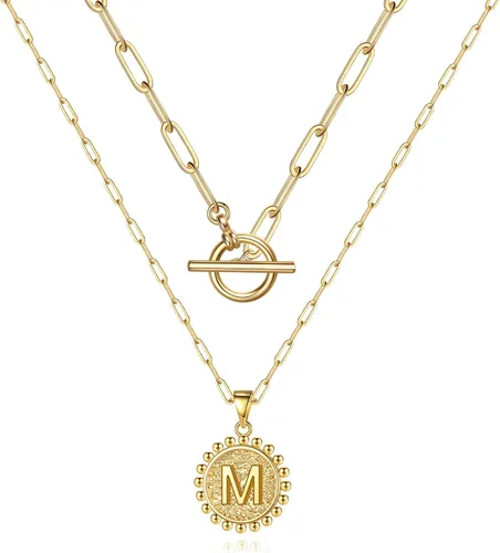 Collares con iniciales en capas de oro para mujer, collar de cadena de clip chapado en oro real de 14 quilates, collares con inicial, gargantilla de