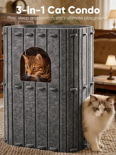 Miniatura 2 de FUKUMARU Casa para Gatos de Interior, Cama Cueva Grande para Gatos de 2 Pisos, Túnel Condo Escondite Acogedor Cubierto de Fieltro para Múltiples