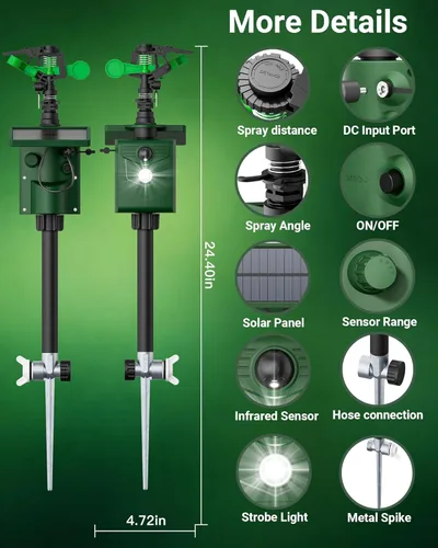 Miniatura 7 de Aspersor activado por movimiento, repelente solar de animales para exteriores, disuasorio de ciervos y gatos con sensor de movimiento y luces