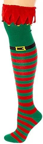 Calcetines altos por encima de la rodilla para adultos, adolescentes, adolescentes y niñas (elfo con campanas, rayas rojas y verdes), Verde,rojo