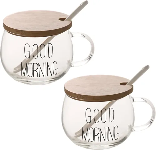 TREEWOO Good MORNING - Taza transparente para café, postre, leche, té, yogur, juego de 2, vasos redondos de vidrio con asa con tapa de bambú,