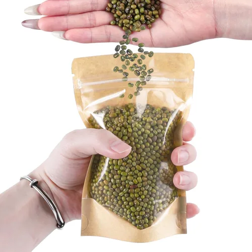 Miniatura 8 de 100 PCS bolsas resellables, bolsas de papel kraft de pie con ventana frontal transparente, bolsas de almacenamiento de alimentos con cierre