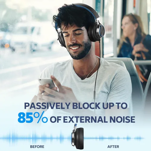 Miniatura 4 de AC01 auriculares de diadema con cable, auriculares pasivos con aislamiento de ruido, auriculares estéreo con cable con micrófono y control de Negro