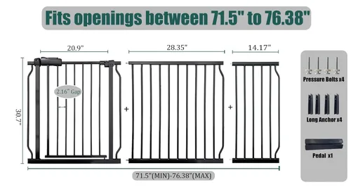 Miniatura 2 de Puerta de bebé extra ancha de 71.5 a 76.3 pulgadas para puertas, montada a presión, sin taladro, puerta de seguridad para cocina, pasillos, puerta