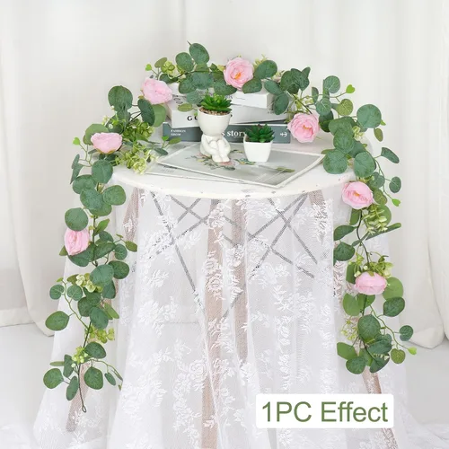 Miniatura 54 de TOCHGREEN Paquete de 2 Guirnaldas de Flores de Eucalipto Artificial de 12 Pies con Rosas Champán, Guirnalda de Flores de Rosa Falsa Verdor